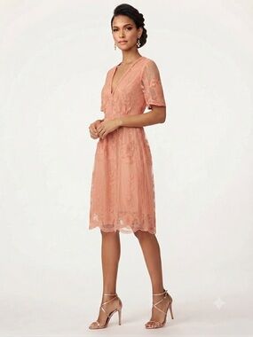 Peach Embroidered V-Neck Lace Dress